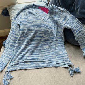Brand NWT Lily Pulitzer Jody V-Neck beach sweater with tassels in Blue Space Dye